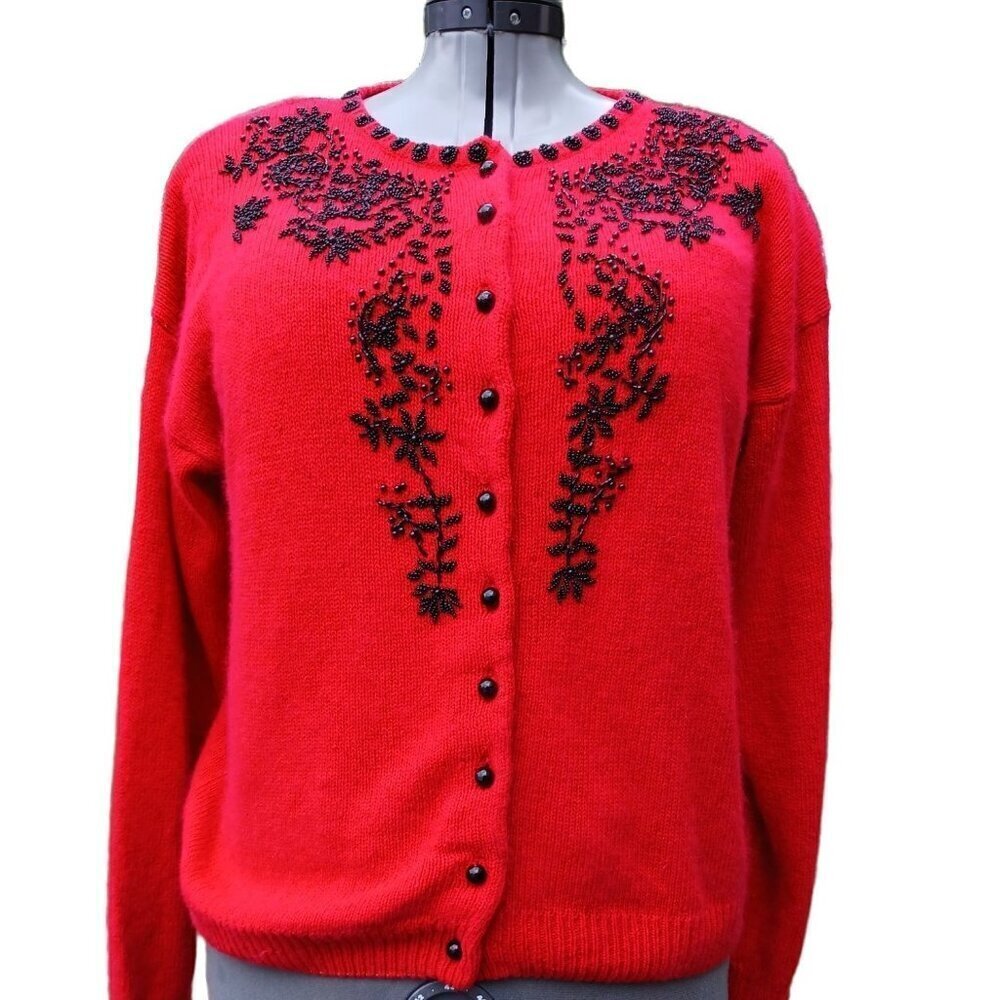 VTG Dana Scott Womens Silk Angora Lambswool Beaded Grandma Sweater Red Size L